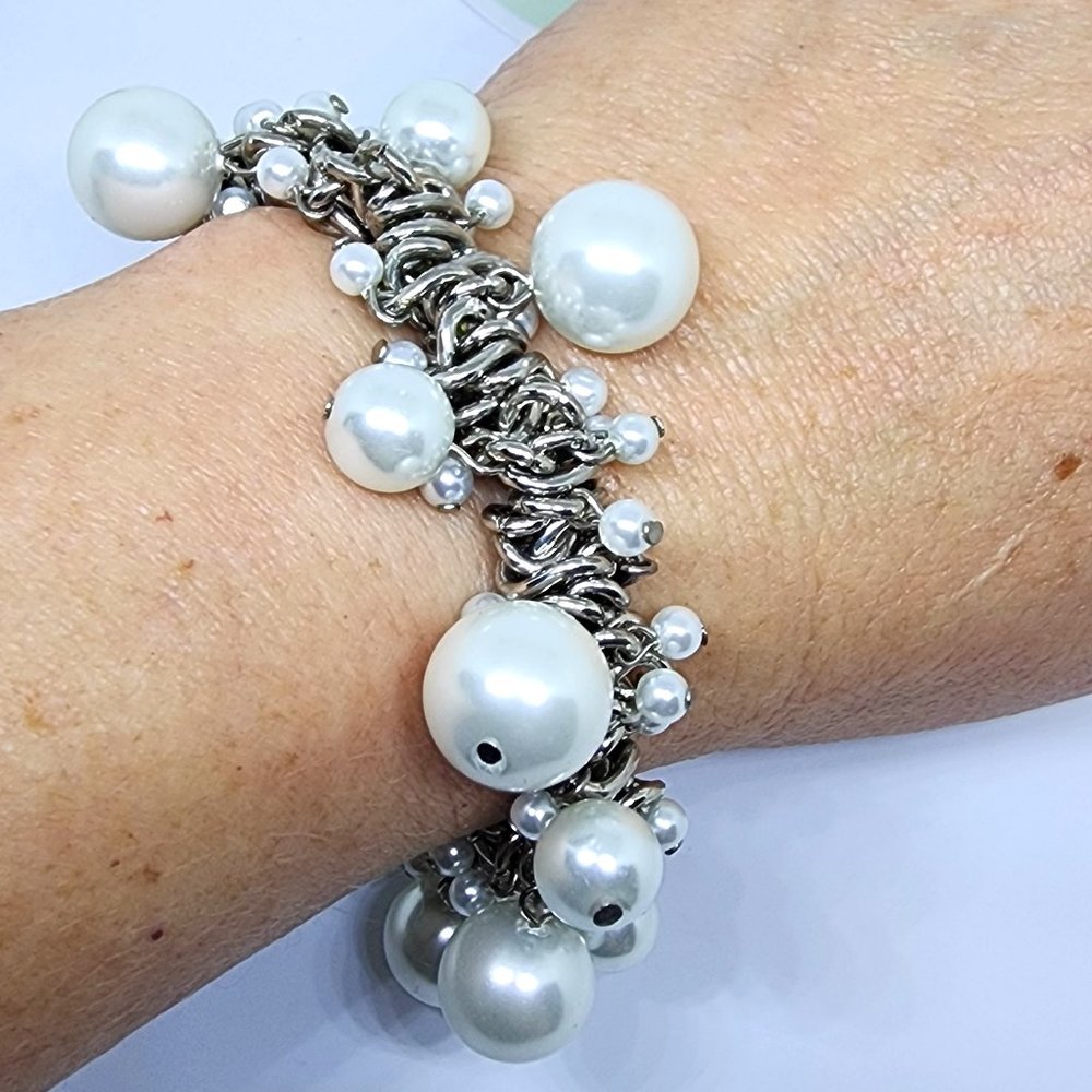 Vintage Woven Silver Chain Pearl Dangle Bead Bridal Dressy Stretch Bracelet